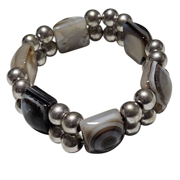 Elegant Agate Chunky Beaded Stretch Bracelet Silver Tone Fashion Jewelry Women - Picture 1 of 7